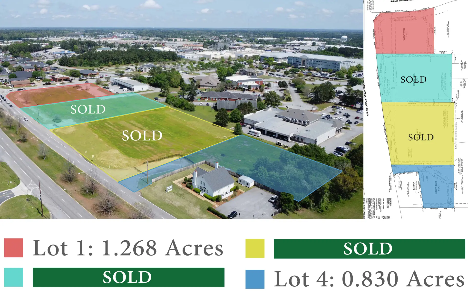 An aerial plat and picture showing the 4 lots on Meredyth Drive, sectioned off and color-coded into separate lots.