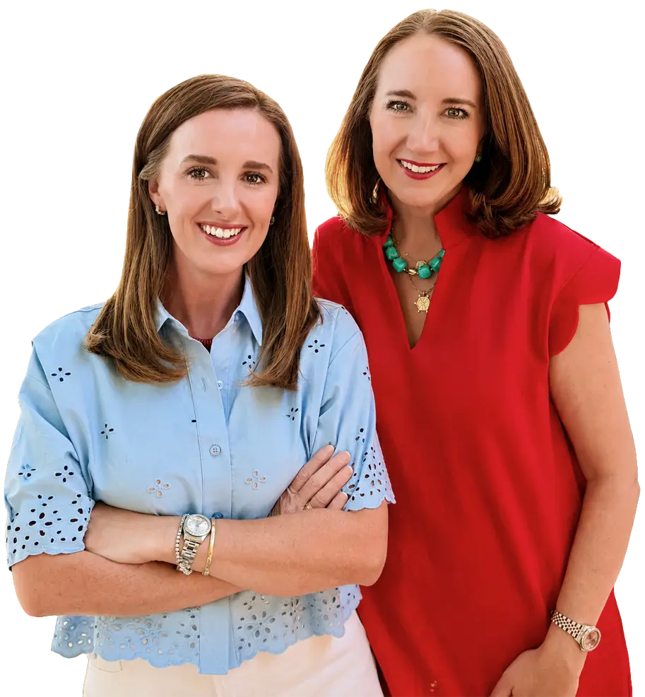Callie Walker poses in a blue top and white shorts while Katie Gatewood poses in a red dress and statement necklace